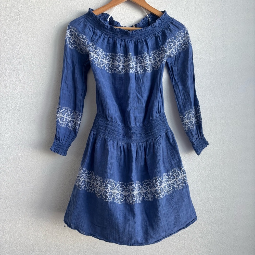 Tory Burch Loretta Blue and White Off the Shoulder Embroidered Gauze Mini Dress - Picture 2 of 10